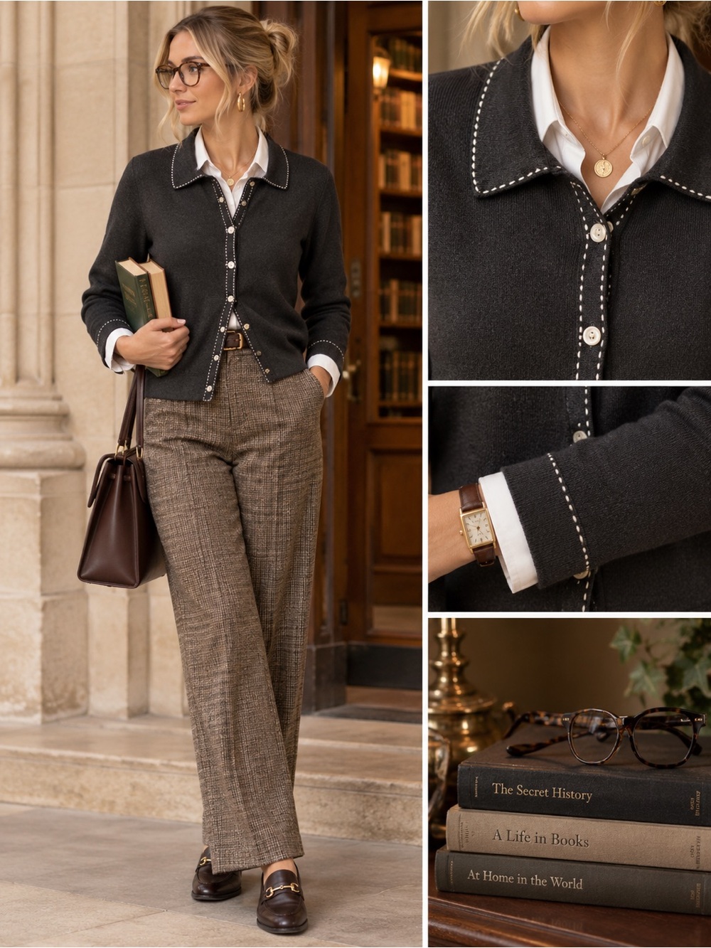 Black Button-Front Knit Cardigan with Contrast Stitching Mother of Pearl Buttons